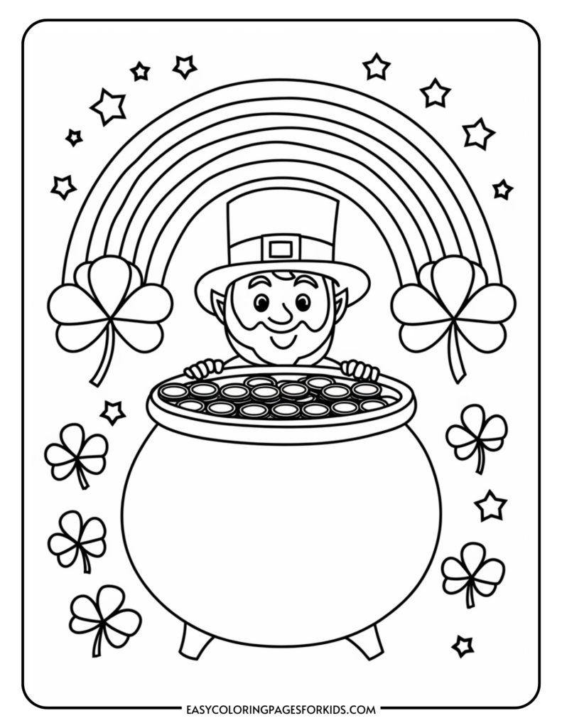 A line art drawing featuring a leprechaun peeking over a pot of gold, with a rainbow and shamrocks surrounding him. Stars are scattered around the scene, adding to the festive atmosphere.