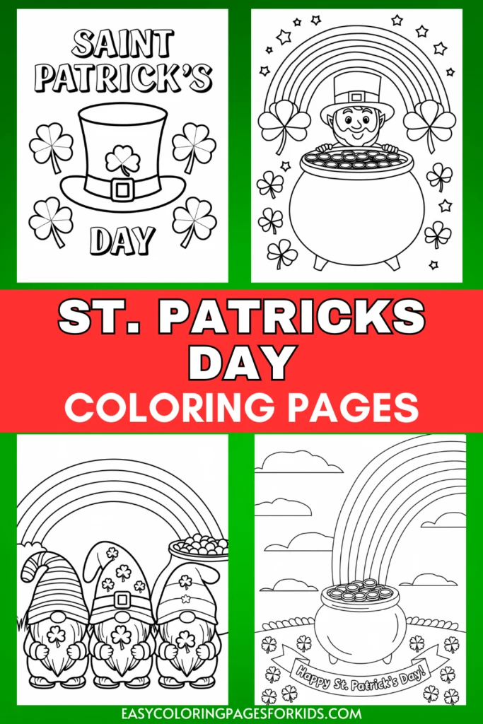 A set of St. Patrick's Day coloring pages featuring shamrocks, leprechauns, rainbows, and pots of gold with festive text and designs.