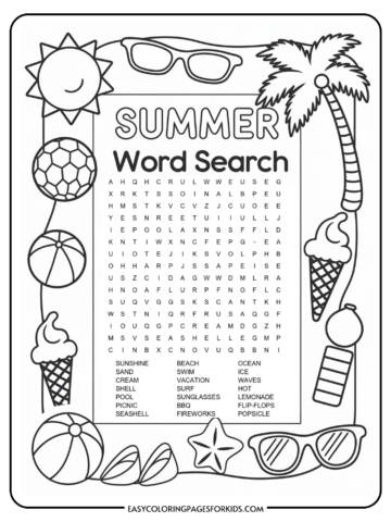 A summer-themed word search puzzle featuring words like 'sunshine,' 'beach,' 'ocean,' 'ice,' 'waves,' 'lemonade,' and 'popsicle.' The page is decorated with images of a sun, sunglasses, palm tree, ice cream cones, beach ball, and flip-flops. The words to find are listed at the bottom, and the puzzle grid is in the center.