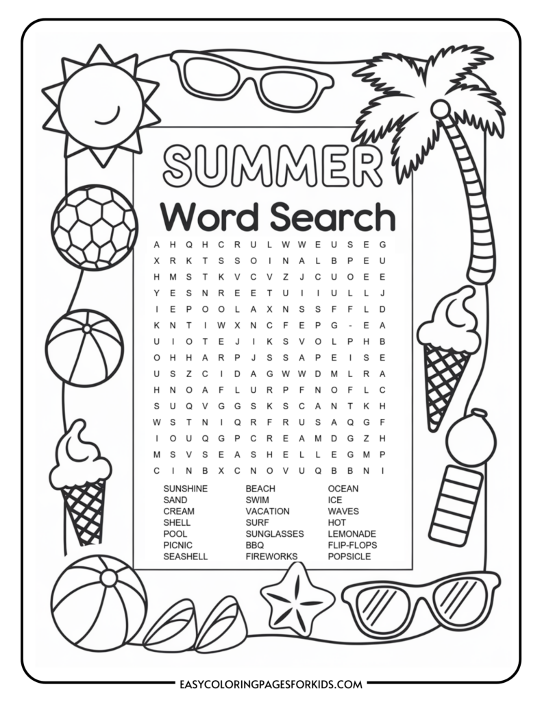 A summer-themed word search puzzle featuring words like 'sunshine,' 'beach,' 'ocean,' 'ice,' 'waves,' 'lemonade,' and 'popsicle.' The page is decorated with images of a sun, sunglasses, palm tree, ice cream cones, beach ball, and flip-flops. The words to find are listed at the bottom, and the puzzle grid is in the center.