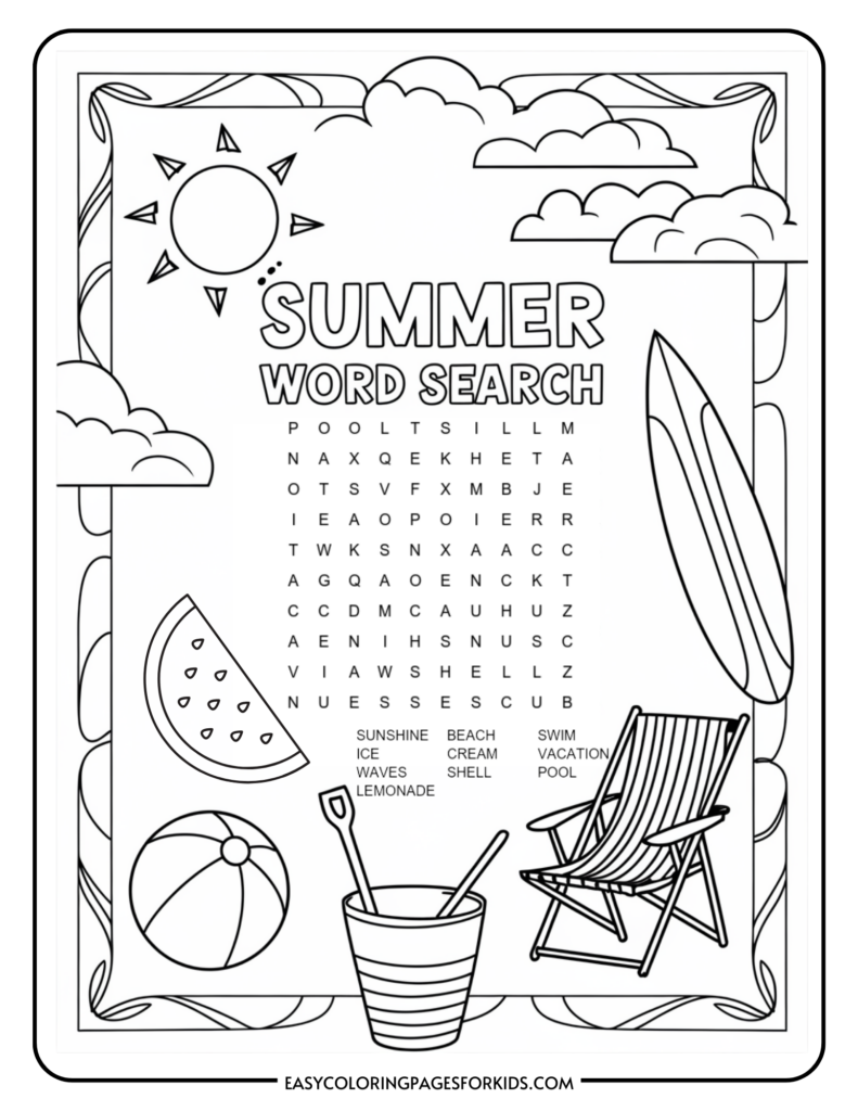 A black and white summer-themed word search puzzle with words like sunshine, ice, waves, lemonade, beach, cream, shell, swim, vacation, and pool. The page features summer illustrations such as a sun, clouds, a watermelon slice, a beach ball, a sand bucket with a shovel, a surfboard, and a beach chair.