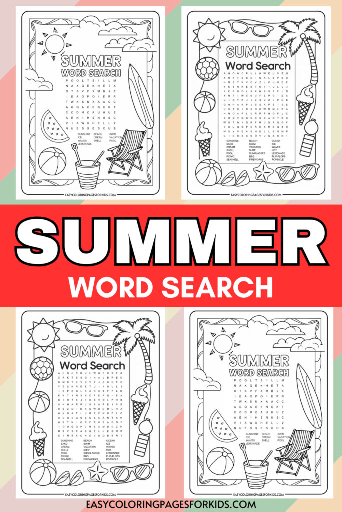 A collage of four summer-themed word search coloring pages featuring images like a sun, beach ball, ice cream, palm trees, and sunglasses. Each page has a word search puzzle with words related to summer such as 'beach,' 'vacation,' and 'lemonade.' The background includes pastel-colored geometric shapes.