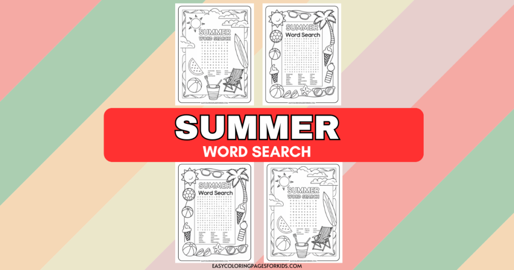 Four black and white summer-themed word search worksheets featuring illustrations of the sun, palm trees, beach chairs, ice cream, and beach balls, with bold text in the center reading 'SUMMER WORD SEARCH' on a red banner.