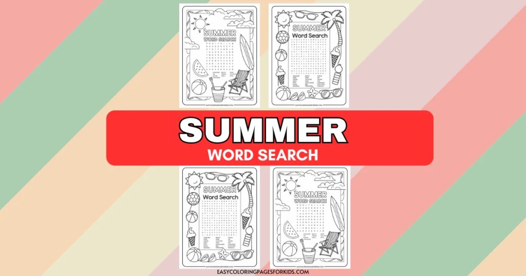 Four black and white summer-themed word search worksheets featuring illustrations of the sun, palm trees, beach chairs, ice cream, and beach balls, with bold text in the center reading 'SUMMER WORD SEARCH' on a red banner.