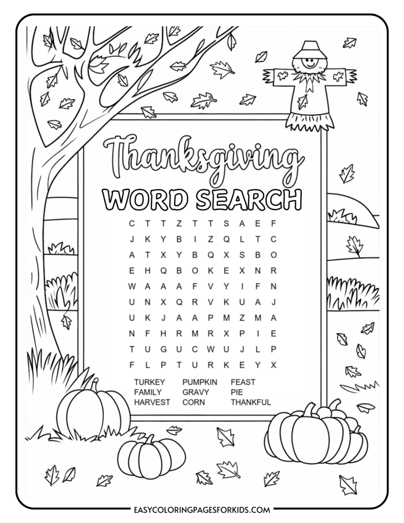 Thanksgiving-themed word search puzzle for kids, featuring fall elements like pumpkins, leaves, and a scarecrow; words to find include turkey, family, harvest, pumpkin, gravy, corn, feast, pie, and thankful.