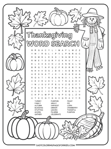 A Thanksgiving-themed word search puzzle with words like turkey, family, gravy, and feast. The puzzle is surrounded by images of pumpkins, fall leaves, a scarecrow, and a cornucopia. The background includes decorative elements such as a border and Thanksgiving motifs.