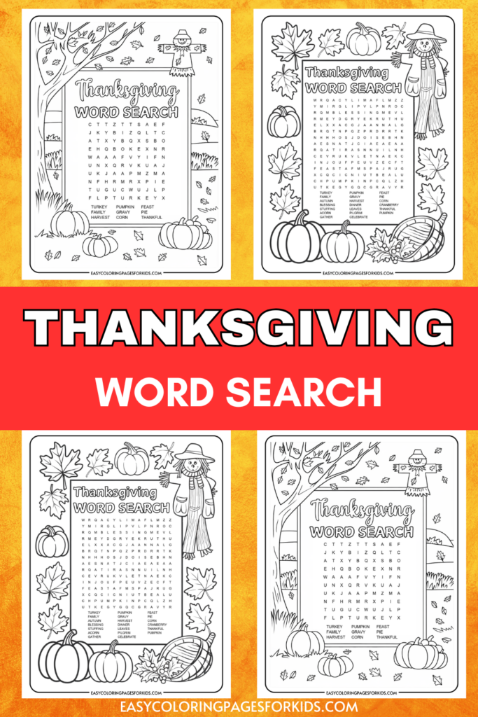 A collage featuring four Thanksgiving-themed word search coloring pages with images of pumpkins, leaves, trees, and scarecrows, designed for kids.