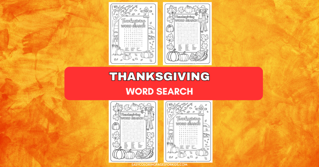 A collage of four Thanksgiving-themed word search puzzles featuring autumn decorations like pumpkins, leaves, and scarecrows, with a bold red banner labeled "Thanksgiving Word Search" in the center.