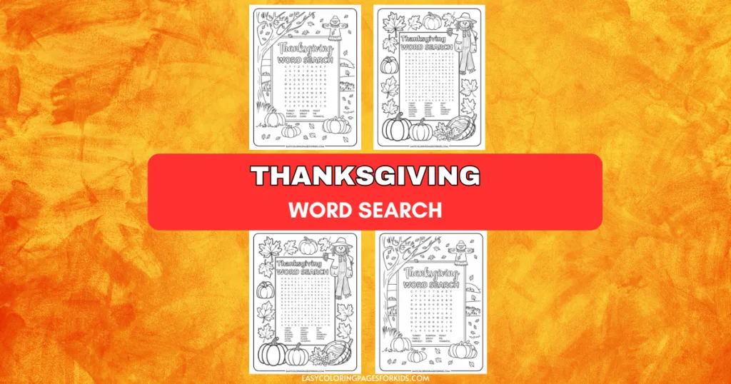 A collage of four Thanksgiving-themed word search puzzles featuring autumn decorations like pumpkins, leaves, and scarecrows, with a bold red banner labeled "Thanksgiving Word Search" in the center.