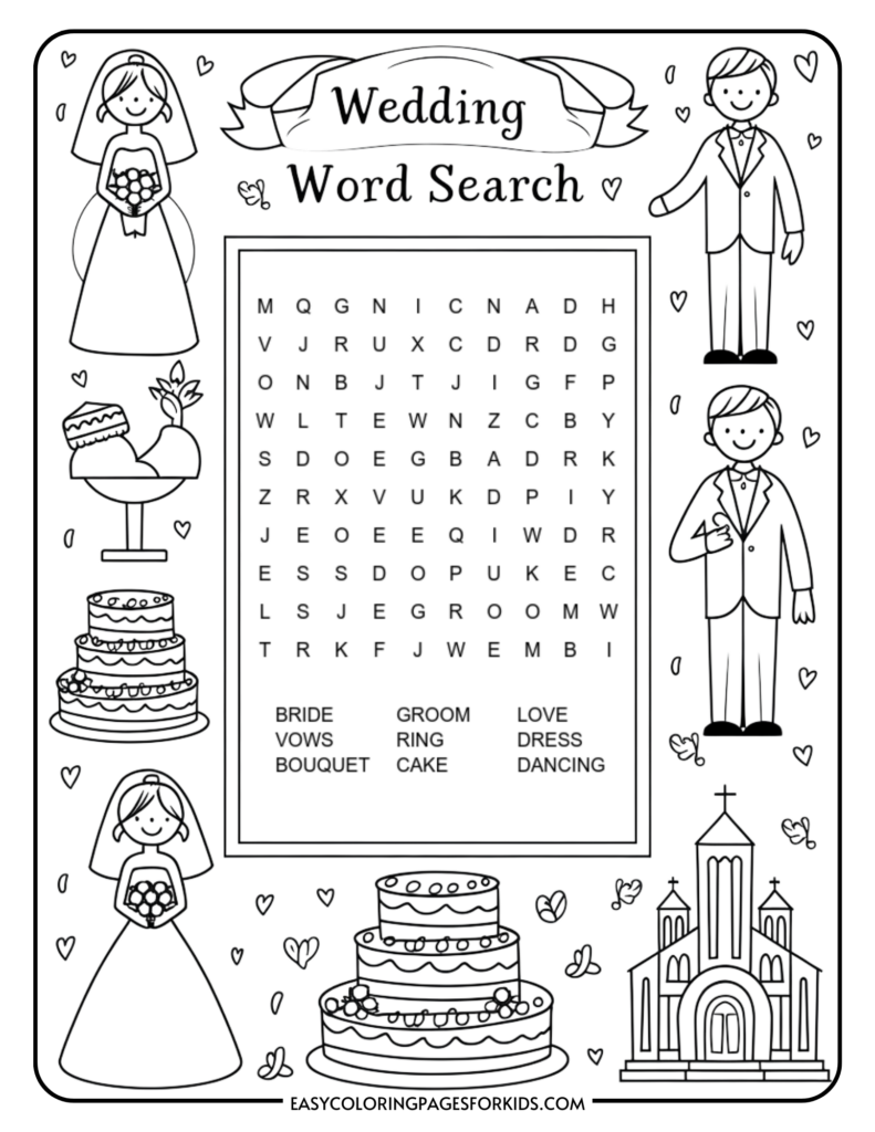 A wedding-themed word search puzzle featuring a bride and groom, a wedding cake, and a church. The search grid includes hidden words like "BRIDE," "GROOM," "LOVE," and "VOWS," with a list of these words at the bottom. Decorative illustrations include hearts, flowers, and a ribbon labeled 'Wedding Word Search.'