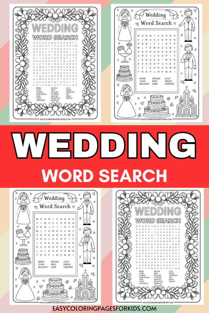 Four wedding-themed word search coloring pages with floral borders and illustrations of a bride, groom, wedding cake, and church, featuring words like 'bride', 'groom', 'vows', and 'cake'.